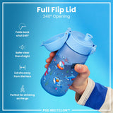 A light-blue water bottle, featuring cartoon sharks and other sea creatures, sits against a white background. The bottle displays the word 