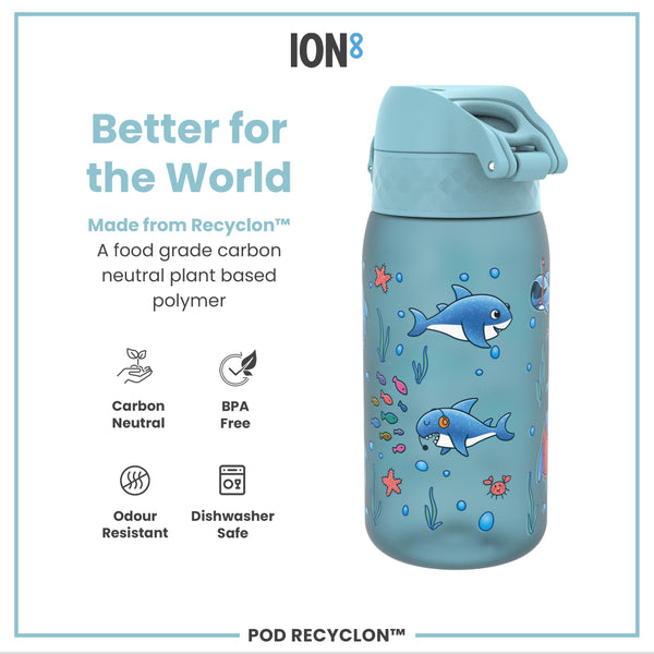 A light-blue water bottle, featuring cartoon sharks and other sea creatures, sits against a white background. The bottle displays the word "ION8".