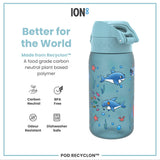 A light-blue water bottle, featuring cartoon sharks and other sea creatures, sits against a white background. The bottle displays the word 