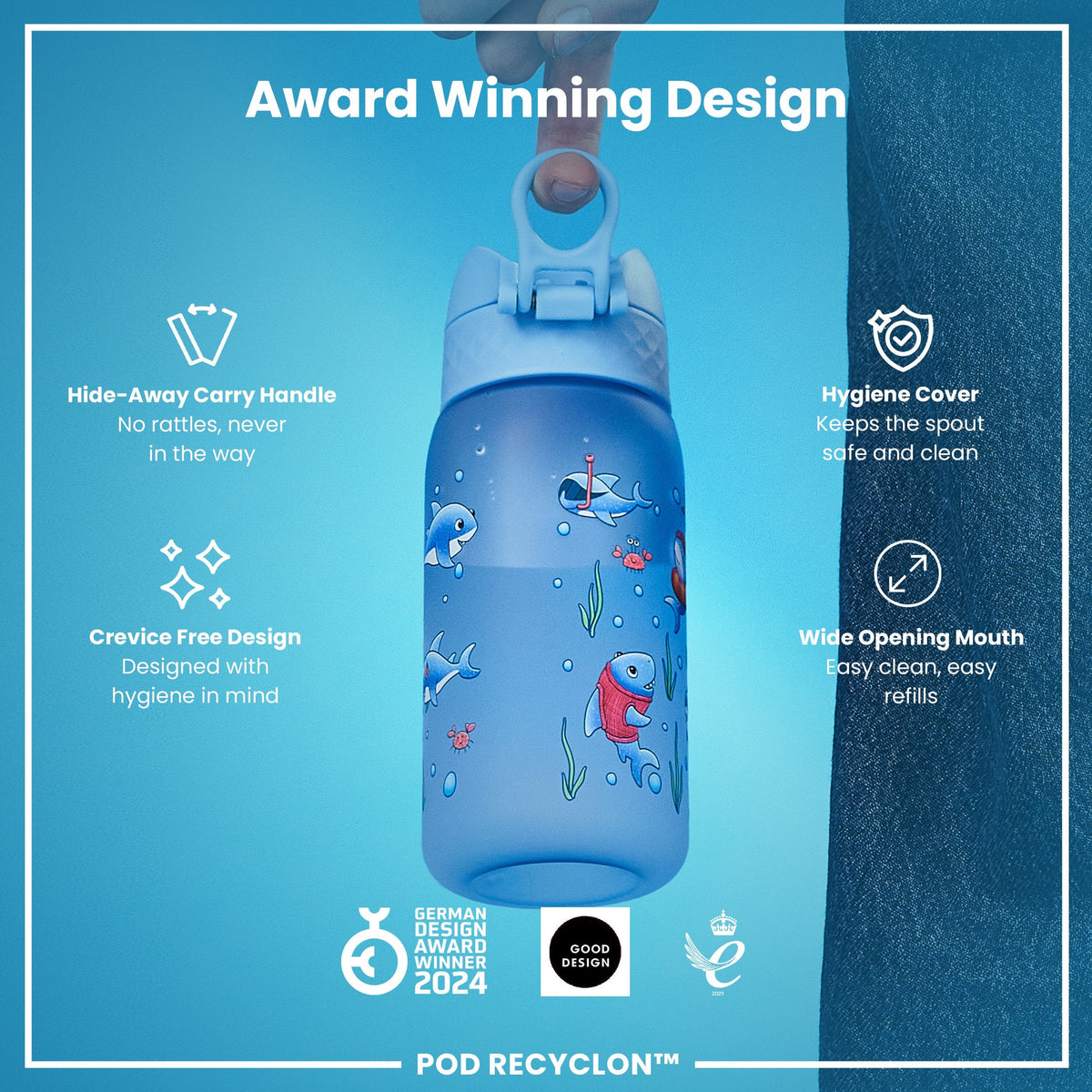 A light-blue water bottle, featuring cartoon sharks and other sea creatures, sits against a white background. The bottle displays the word "ION8".