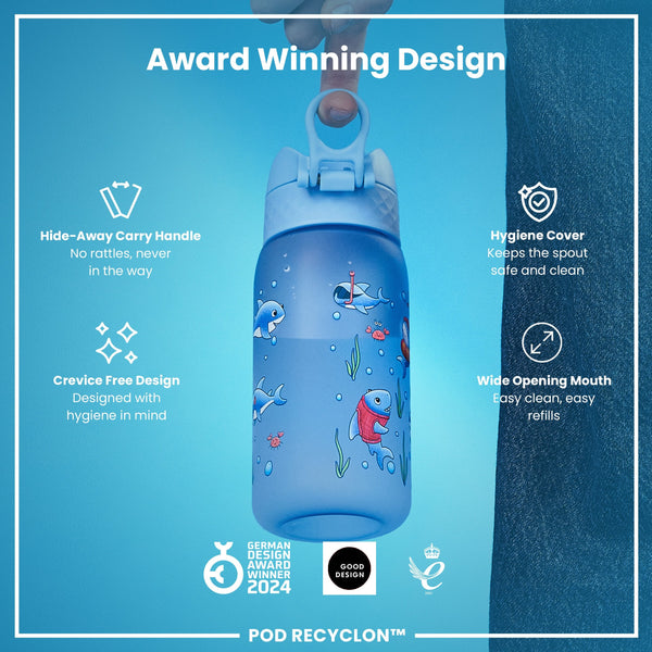 A light-blue water bottle, featuring cartoon sharks and other sea creatures, sits against a white background. The bottle displays the word "ION8".