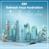 A light-blue water bottle, featuring cartoon sharks and other sea creatures, sits against a white background. The bottle displays the word 