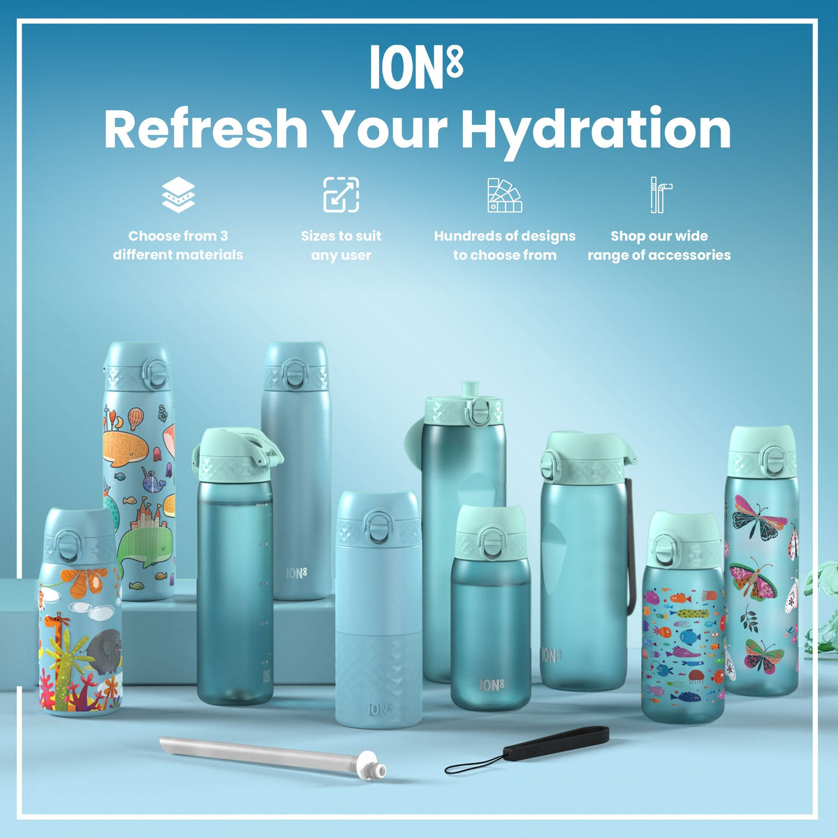 A light-blue water bottle, featuring cartoon sharks and other sea creatures, sits against a white background. The bottle displays the word "ION8".