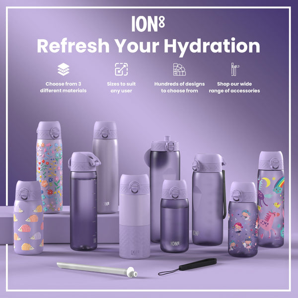 Several lilac-colored water bottles, varying in size and design, are displayed on a lilac surface. They feature various patterns and are accompanied by accessories. "ION8 Refresh Your Hydration" is prominently displayed.