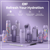 Several lilac-colored water bottles, varying in size and design, are displayed on a lilac surface. They feature various patterns and are accompanied by accessories. 