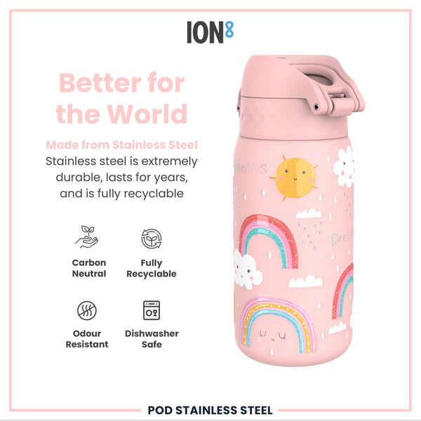 Leak Proof Kids Water Bottle, Stainless Steel, Rainbows, 400ml (13oz)