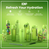 Several green ION8 water bottles, varying in size and design, are displayed on a green surface. The bottles feature different patterns and are accompanied by accessories. The text reads: 