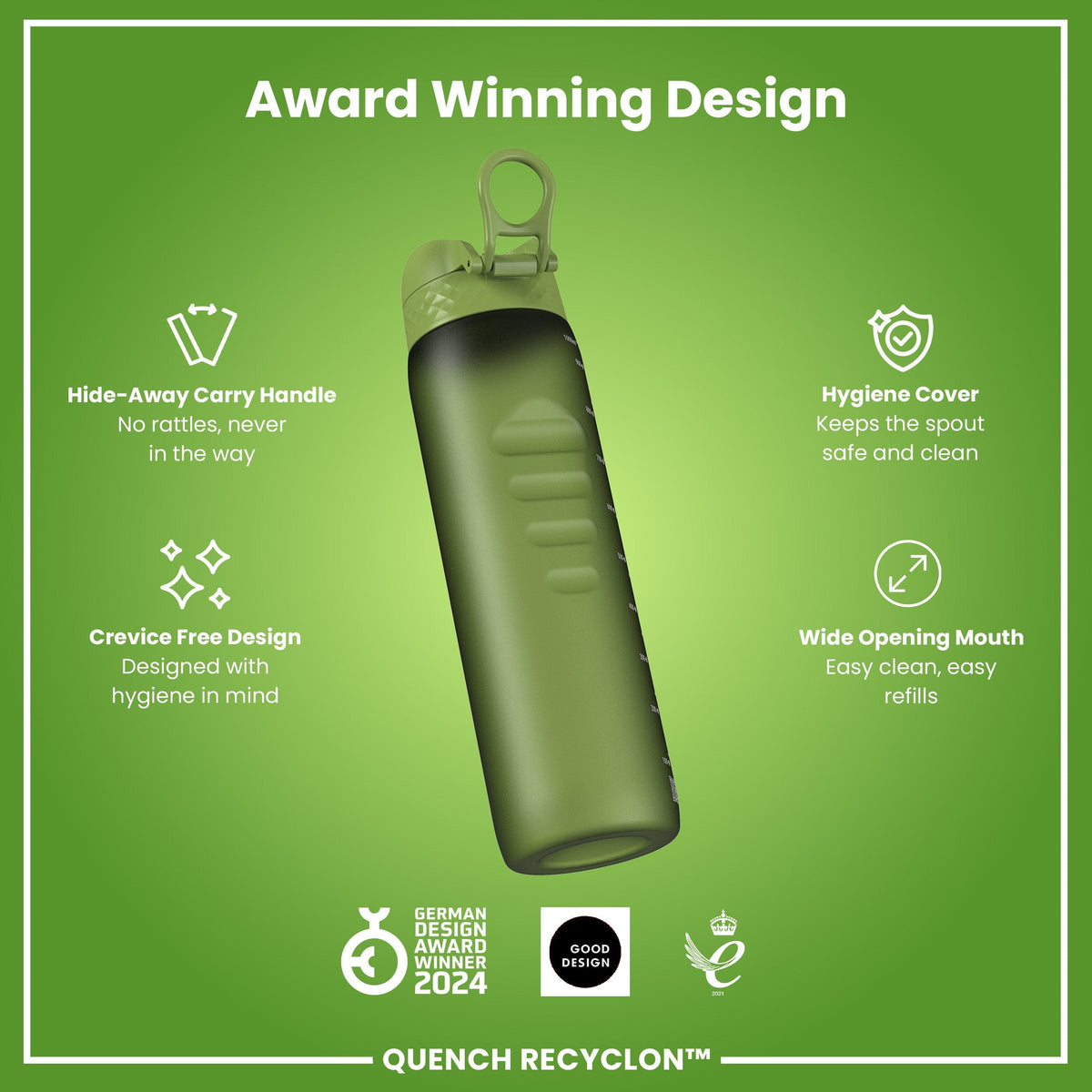 Leak Proof 1 litre Water Bottle, Recyclon, Khaki Green, 1L