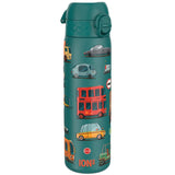A teal water bottle, featuring various cartoon vehicles, stands upright against a white background. The bottle displays the word 