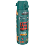 A teal water bottle, featuring various cartoon vehicles, stands upright against a white background. The bottle displays the word 