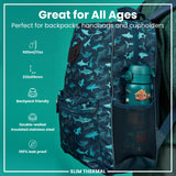 A teal shark-patterned backpack holds a teal water bottle. The bottle is 500ml/17oz, 232x65mm, double-walled stainless steel, backpack friendly and 100% leak proof. It's perfect for all ages.