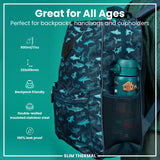 A teal water bottle, featuring various cartoon vehicles, stands upright against a white background. The bottle displays the word 