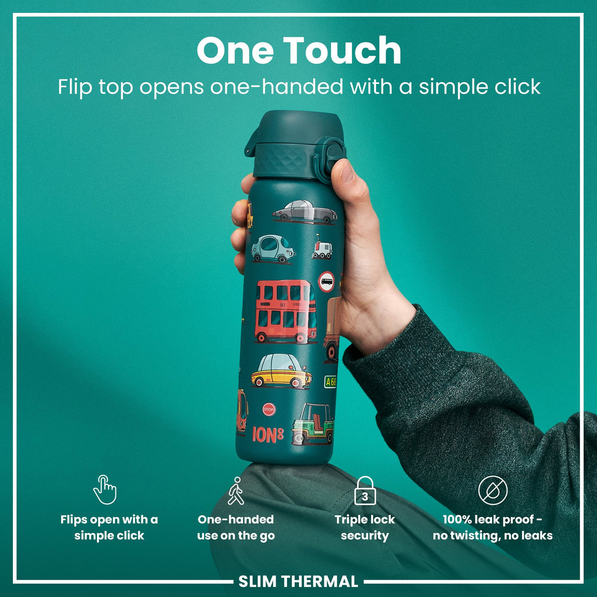 A teal water bottle, featuring various cartoon vehicles, stands upright against a white background. The bottle displays the word "ION8" near the base. A small "STOP" sign is also visible.
