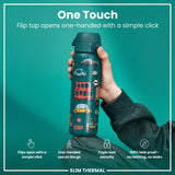 A teal water bottle, featuring various cartoon vehicles, stands upright against a white background. The bottle displays the word 