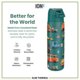 A teal water bottle, featuring various cartoon vehicles, stands upright against a white background. The bottle displays the word 