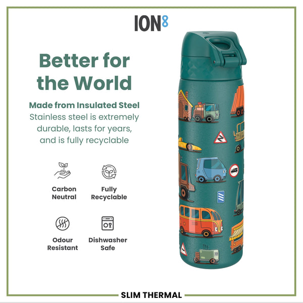 A teal insulated steel water bottle, featuring a cartoon vehicle print, sits against a white background; it's described as carbon neutral, fully recyclable, odour resistant, and dishwasher safe. Better for the World. ION8. SLIM THERMAL.