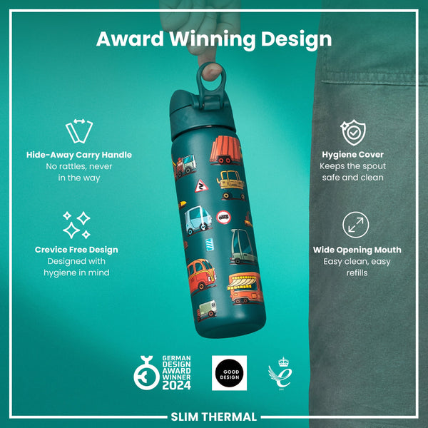 A teal water bottle, featuring various cartoon vehicles, stands upright against a white background. The bottle displays the word "ION8" near the base. A small "STOP" sign is also visible.
