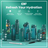 A teal water bottle, featuring various cartoon vehicles, stands upright against a white background. The bottle displays the word 