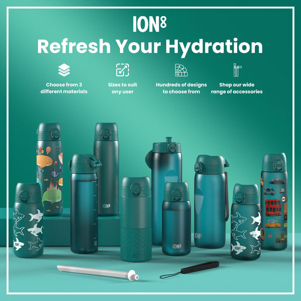 A teal water bottle, featuring various cartoon vehicles, stands upright against a white background. The bottle displays the word "ION8" near the base. A small "STOP" sign is also visible.