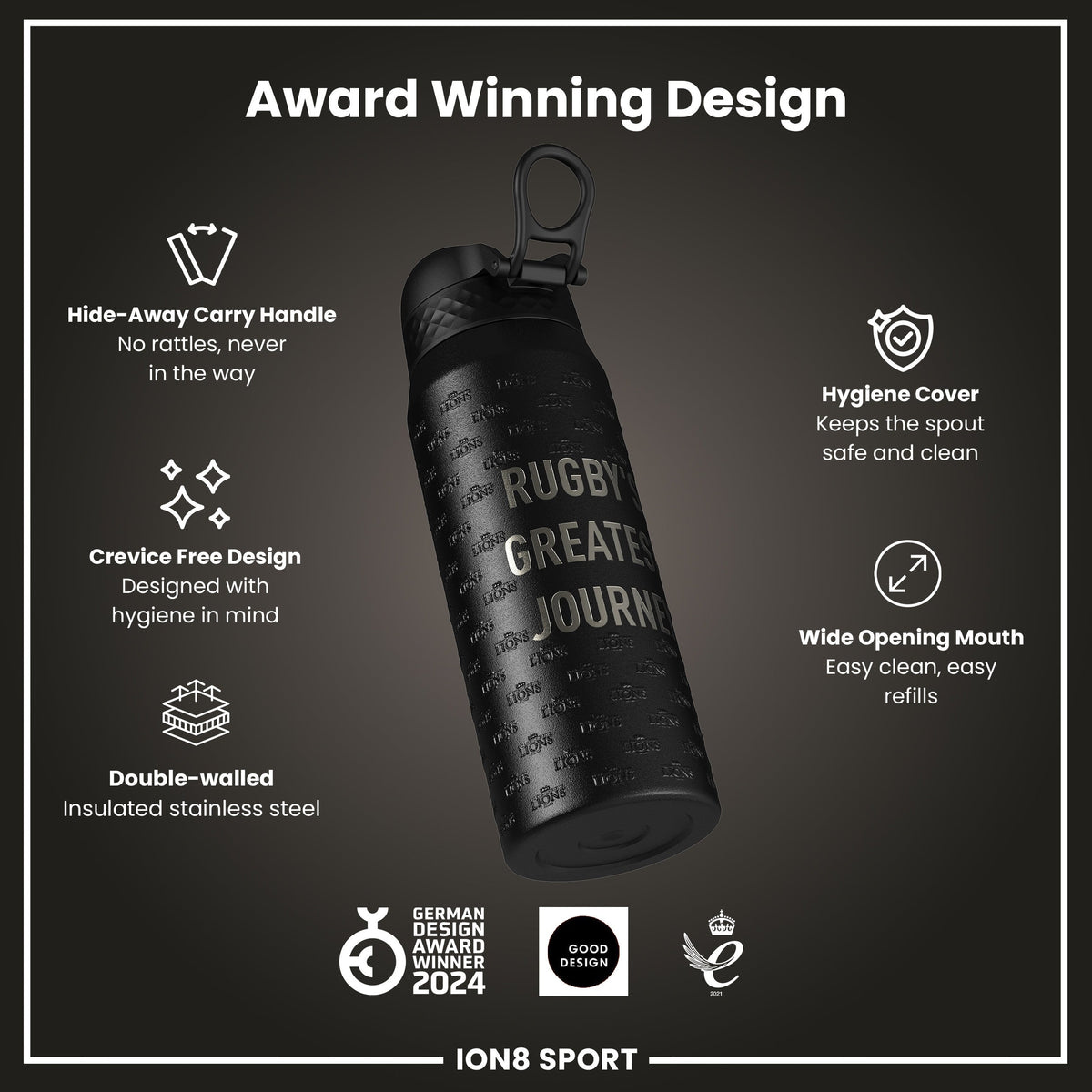 Lions X ION8 Insulated Steel Water Bottle, British & Irish Lions, Rugbys Greatest Journey, 750ml (24oz)