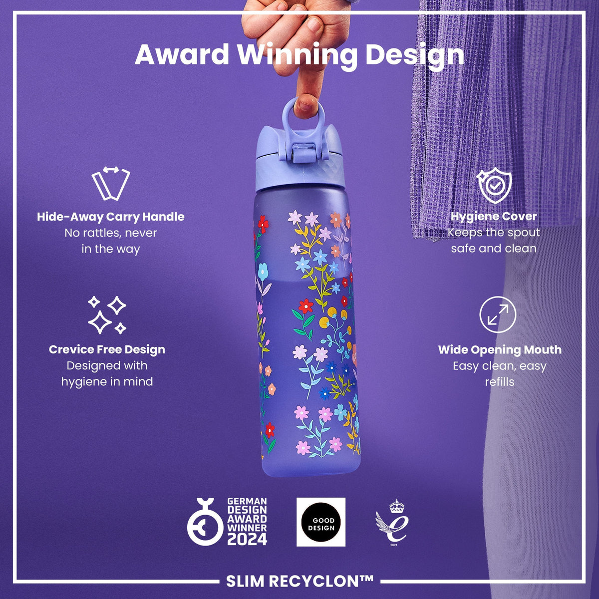 Leak Proof Slim Water Bottle, Recyclon, Ditsy Floral, 500ml (18oz)
