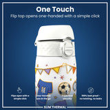 A white water bottle with a flip top opens one-handed via a simple click. The bottle features colorful graphics and is described as 