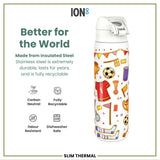 A white insulated steel water bottle, featuring a soccer-themed design, sits against a white background; it is described as carbon neutral, fully recyclable, odour resistant, and dishwasher safe.