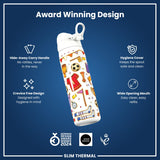 A white water bottle, decorated with sports-themed illustrations, is shown against a dark blue background; features highlighted include a hide-away handle, hygiene cover, and wide mouth. The bottle is labeled 