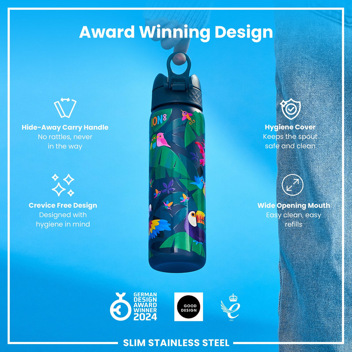 Leak Proof Slim Water Bottle, Stainless Steel, Exotic Birds, 600ml (20oz)