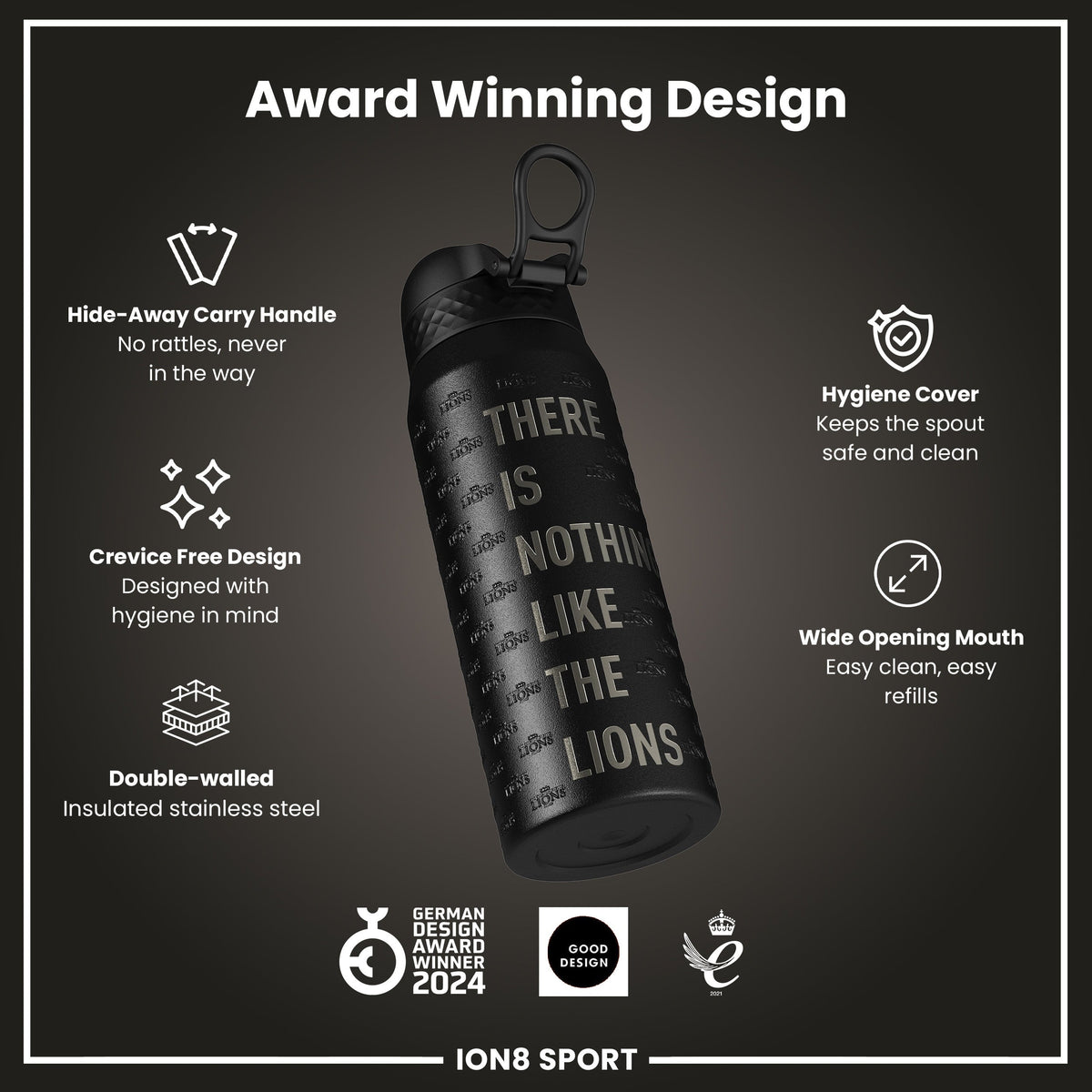 Lions X ION8 Insulated Steel Water Bottle, British & Irish Lions, Nothing Like The Lions, 750ml (24oz)