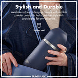 A person holds a blue travel flask with a silver band in a denim jacket pocket. Text reads: 