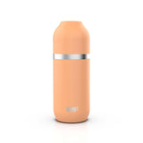 A peach-colored insulated water bottle with a silver band stands upright on a white background with the text 