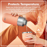 Person pours liquid from a peach-colored insulated flask into a matching cup against a peach background. Text reads: 
