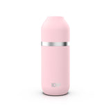 A pink insulated water bottle stands on a white background featuring a silver band around the middle with 