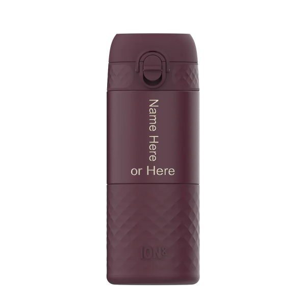 A maroon reusable water bottle displays the text "Name Here or Here" vertically on its smooth surface within a plain background. The bottom part features a textured grip with "ION8" embossed.