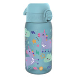 A light blue water bottle features colorful unicorns and clouds with hearts and stars. It has a secure lid with a clasp. Text reads: 
