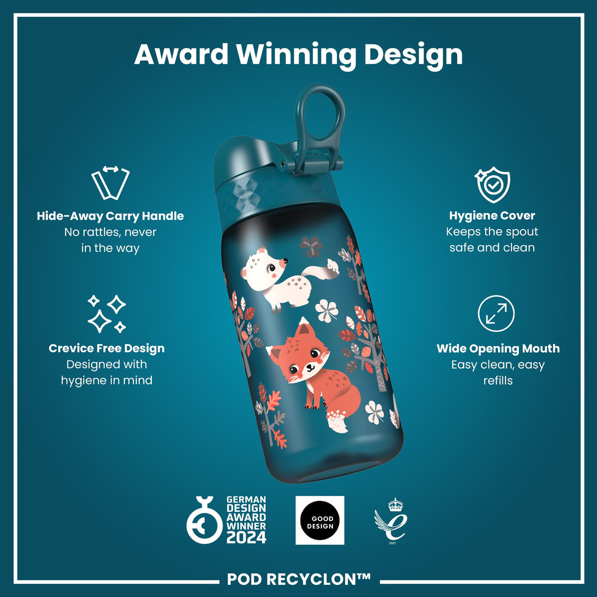 Leak Proof Kids Water Bottle, Recyclon, Forest Animals, 350ml (12oz)