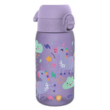 A purple water bottle featuring smiling unicorns with rainbow manes surrounded by colorful hearts clouds and stars in a whimsical design. Text on the bottle reads 