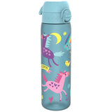 A teal water bottle depicts colorful unicorns with heart patterns, a bird, a rainbow, moon, clouds, and the word 