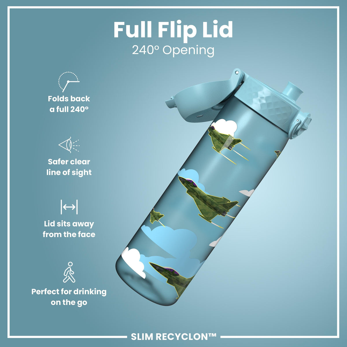 Leak Proof Slim Water Bottle, Recyclon, Fighter Jets, 500ml (18oz)