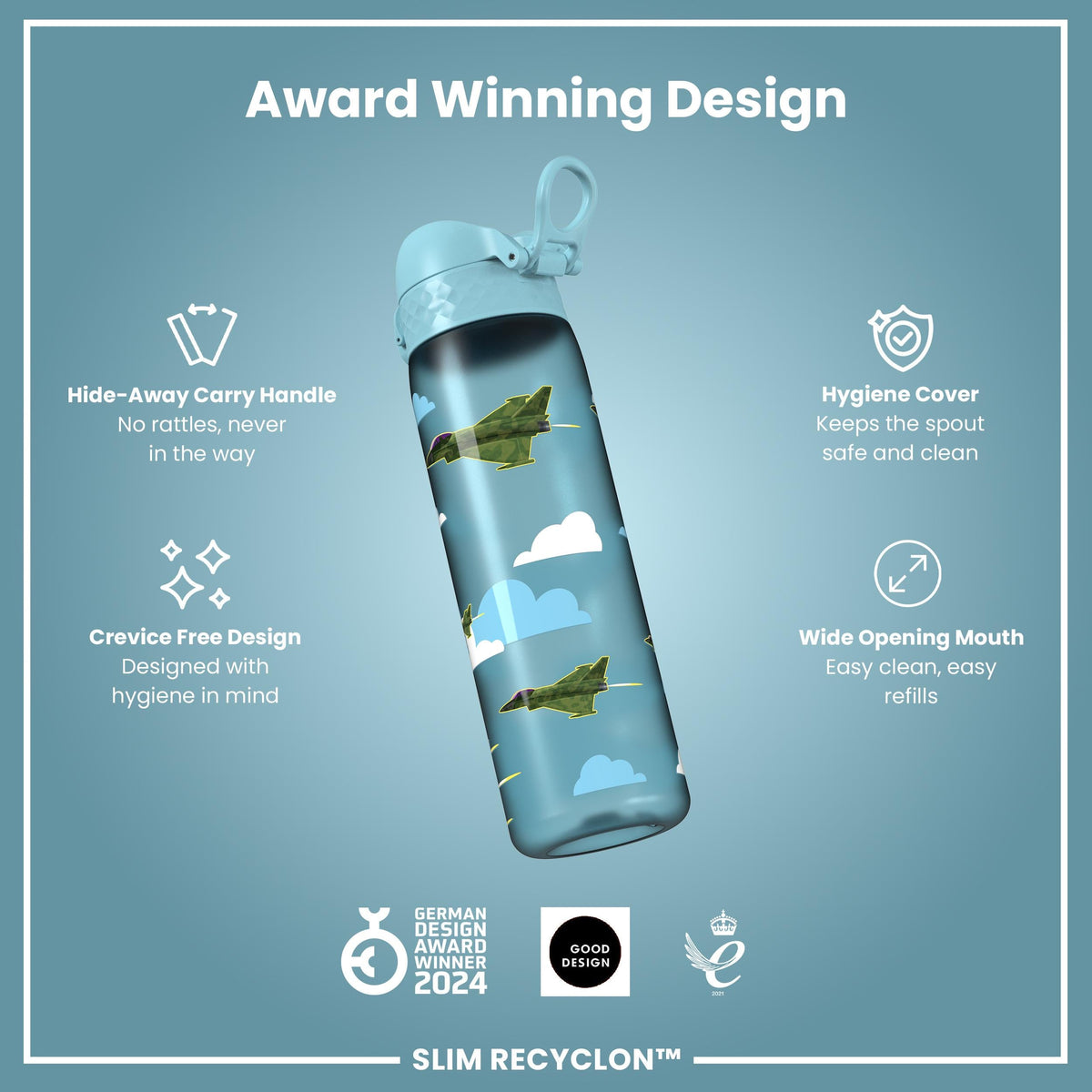 Leak Proof Slim Water Bottle, Recyclon, Fighter Jets, 500ml (18oz)