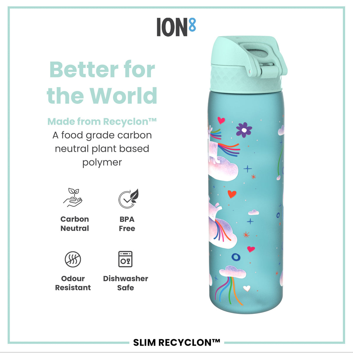 Leak Proof Slim Water Bottle, Recyclon, Unicorn Rainbows, 500ml (18oz)