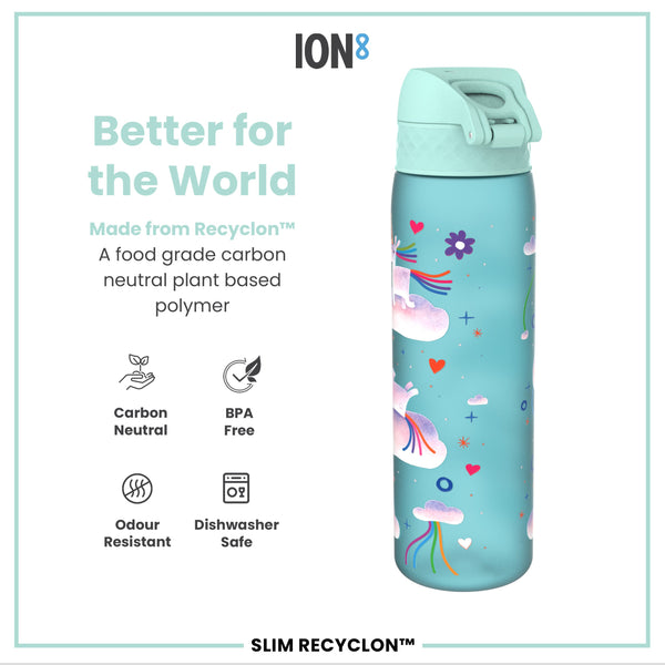 Leak Proof Slim Water Bottle, Recyclon, Unicorn Rainbows, 500ml (18oz)