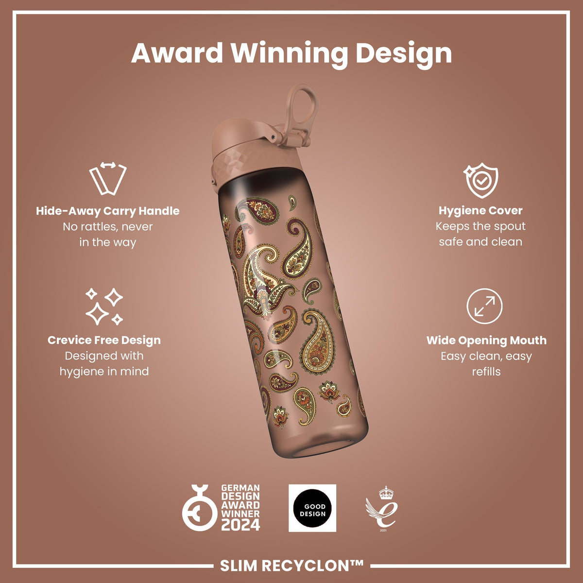 Leak Proof Slim Water Bottle, Recyclon, Paisley, 500ml (18oz)