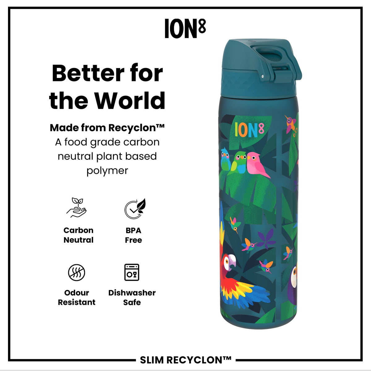 Leak Proof Slim Water Bottle, Recyclon, Exotic Birds, 500ml (18oz)
