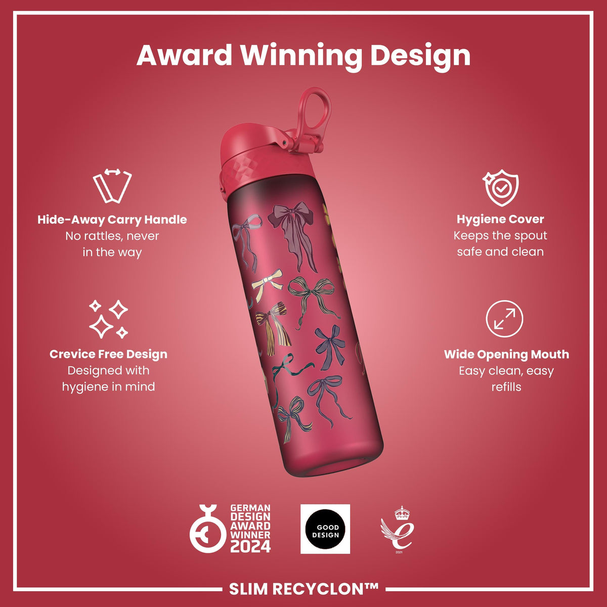 Leak Proof Slim Water Bottle, Recyclon, Bows, 500ml (18oz)