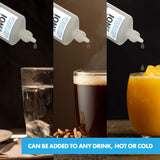 A liquid is being added to glasses of water, coffee, and orange juice. The liquid is from a small bottle labeled 