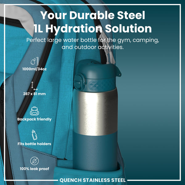 Leak Proof 1 Litre Water Bottle, Stainless Steel, Half-Cut, Teal, 1L