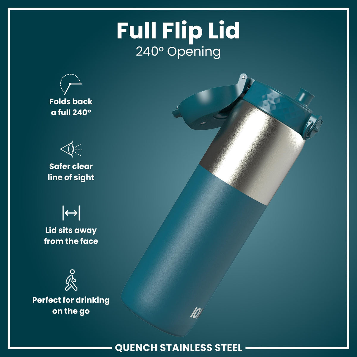 Leak Proof 1 Litre Water Bottle, Stainless Steel, Half-Cut, Teal, 1L