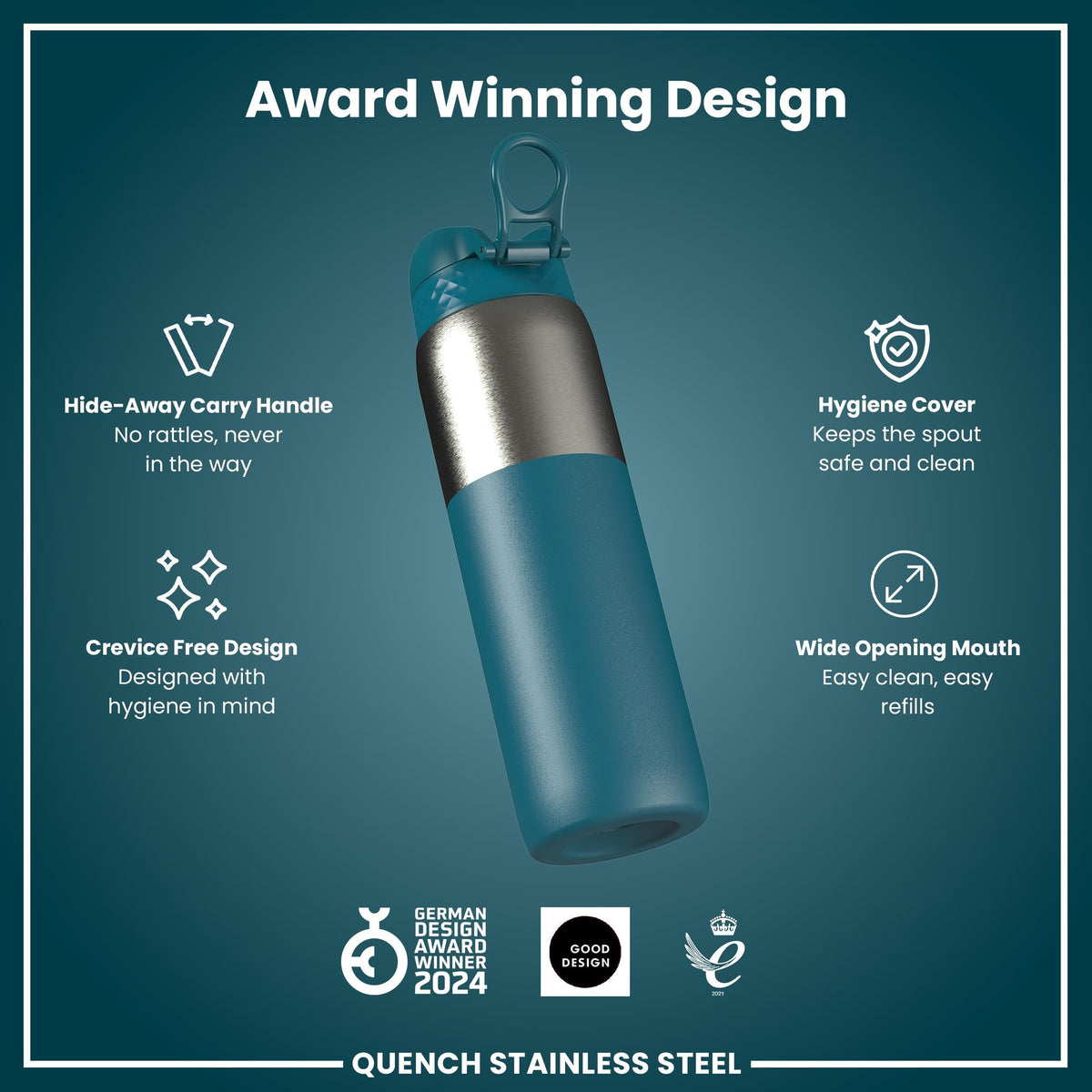 Leak Proof 1 Litre Water Bottle, Stainless Steel, Half-Cut, Teal, 1L